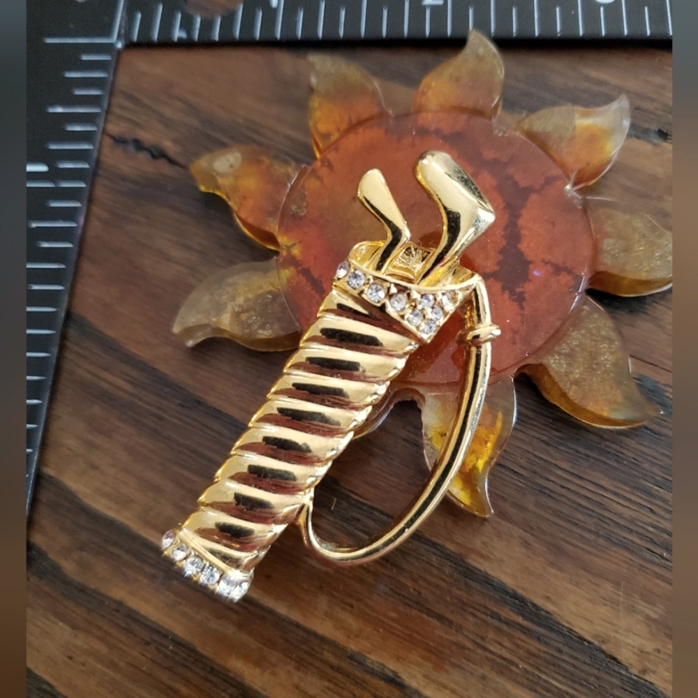 Gold Golf Club Brooch Pin with Rhinestones